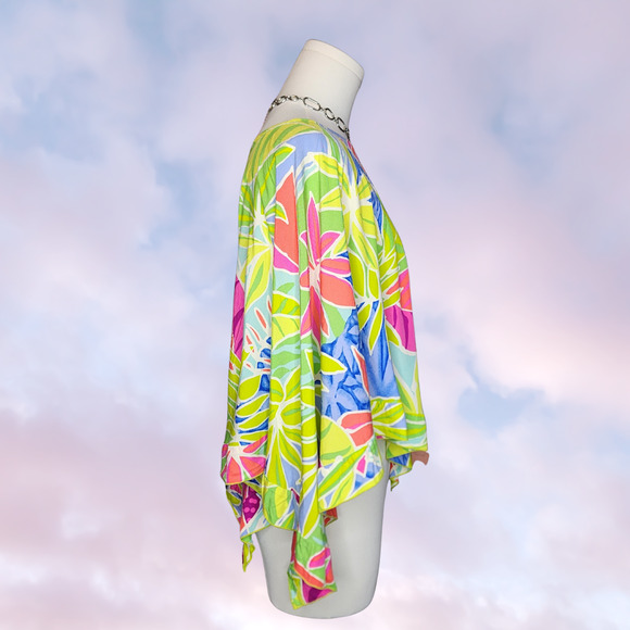 Vtg 90s Y2k Paradiso Beach Cover Up Rayon Tropical Colorful Palm Cape Poncho L - Picture 3 of 5